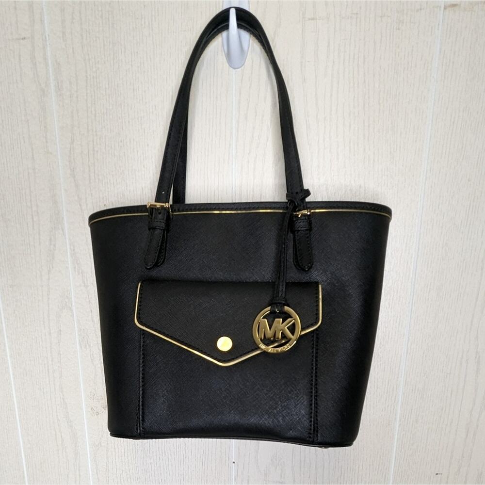 Michael Kors black handbag tote Frame jet set saffiano leather medium - Picture 2 of 13